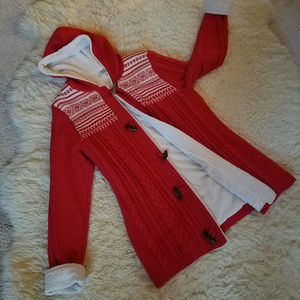 L.L. Bean Red & Ivory  Hooded Toggle Sweater